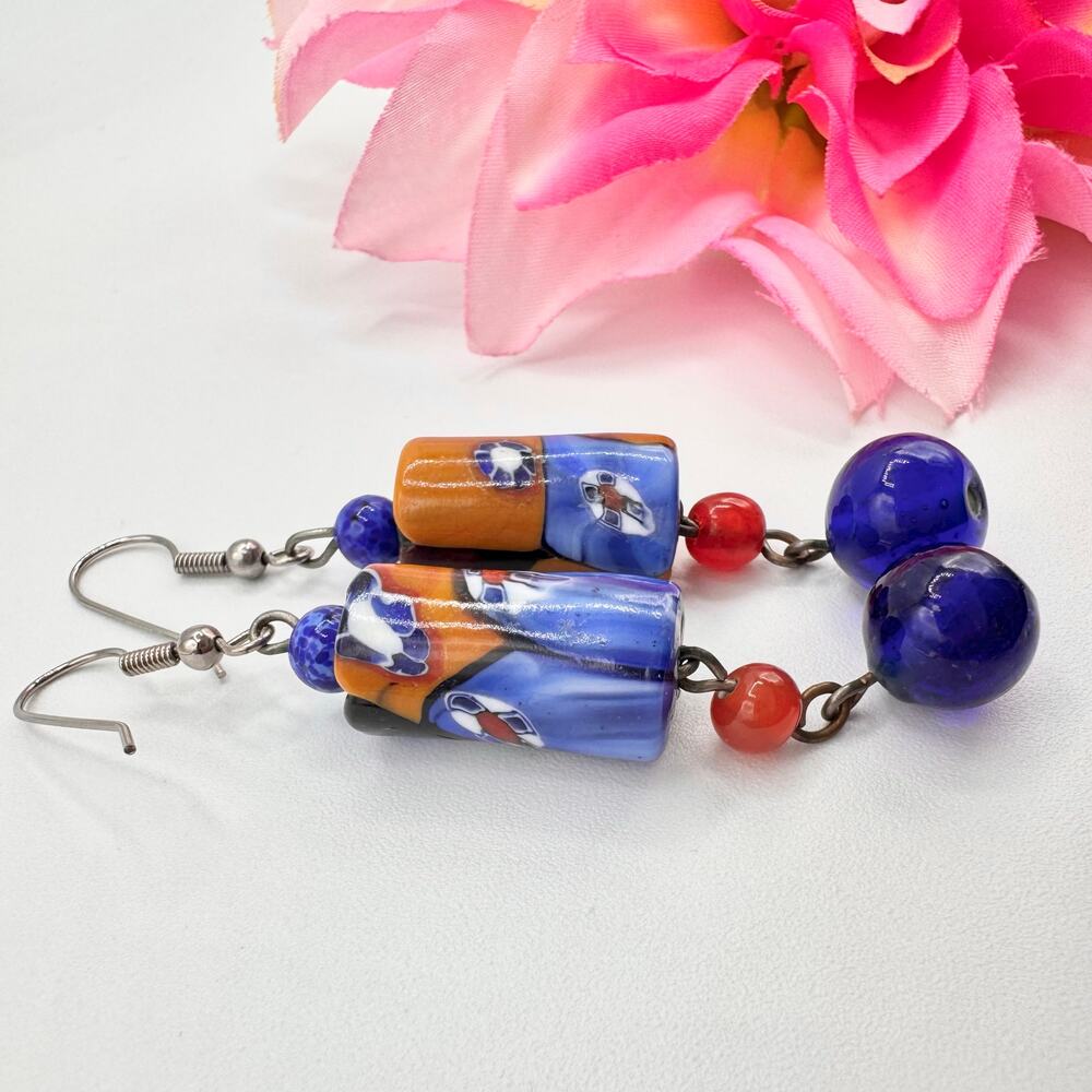 Art Glass Millefiori Beaded Dangle Earrings Artisan Art Teacher Artsy Fun - Picture 3 of 10